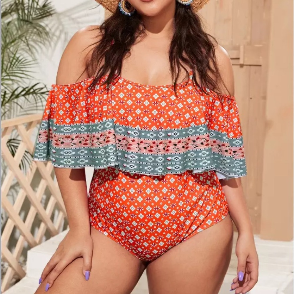 The Cami” Boho Off Shoulder Ruffle Swimsuit size 2X - Picture 1 of 3